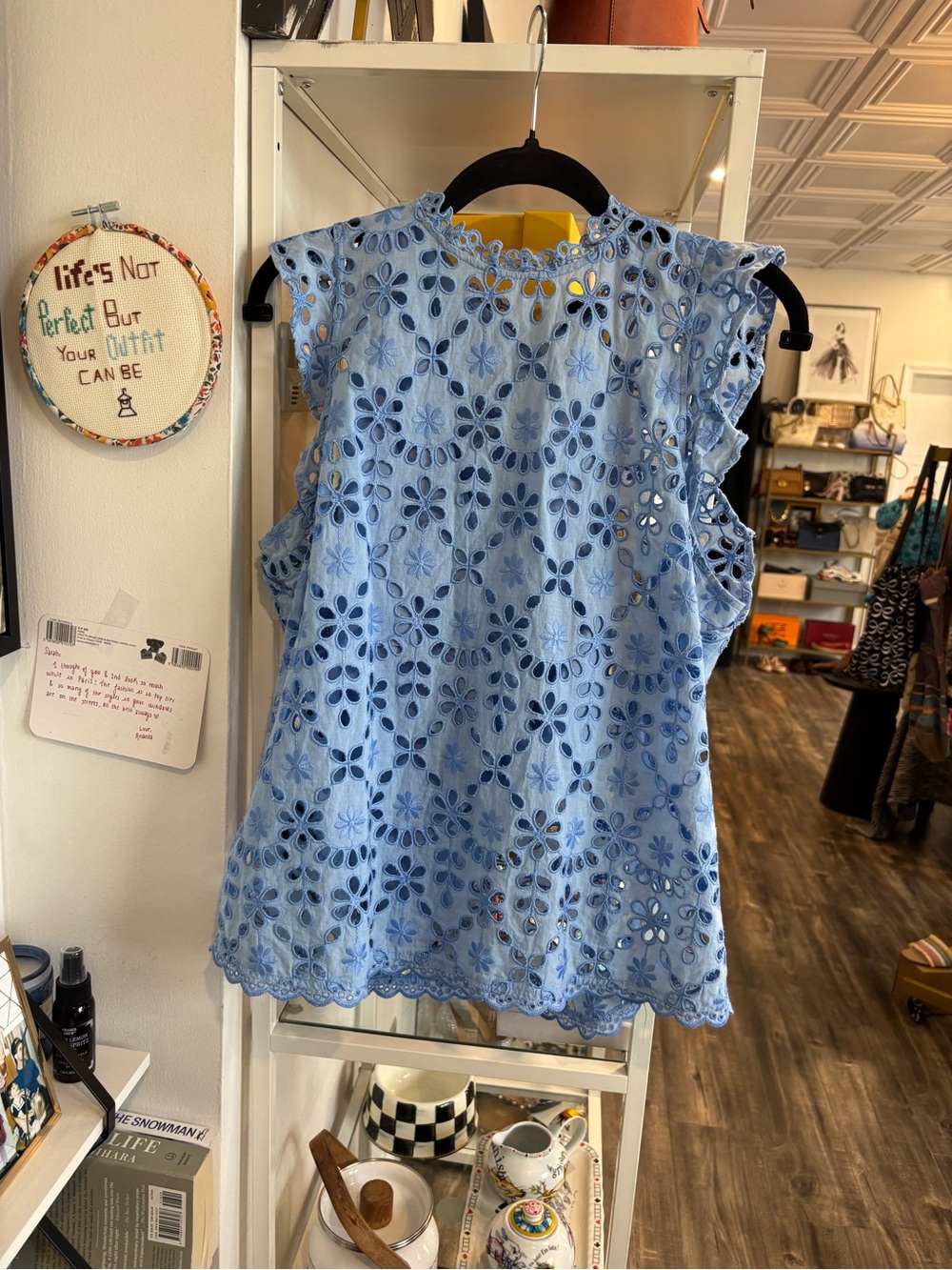 J. Crew Light Blue Floral Eyelet Cap-Sleeve Blouse